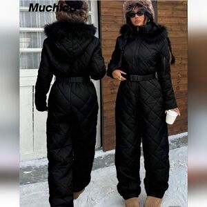 Women's Black Quilted Snow Jumpsuit